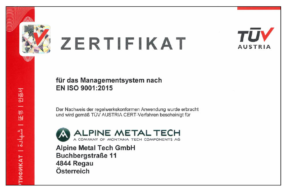 ISO-Zertifizierung Alpine Metal Tech