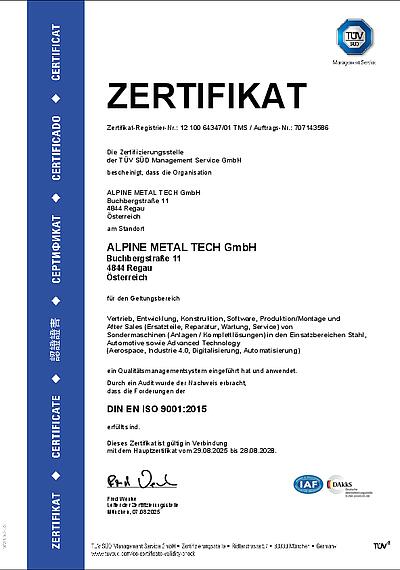 ISO 9001:2015 | Alpine Metal Tech GmbH | Regau (pdf)