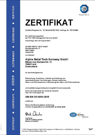 ISO 9001:2015 | Alpine Metal Tech Germany | Forst (pdf)