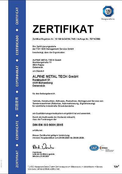 ISO 9001:2015 | Alpine Metal Tech GmbH | Behamberg (pdf)